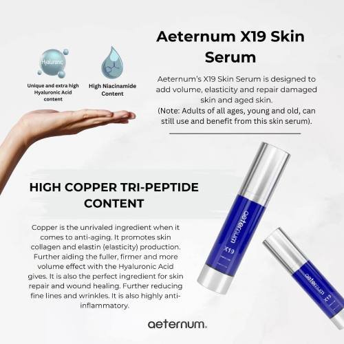 Aeternum X19 Skin Serum for reducing wrinkles, improving skin elasticity, and deep hydration